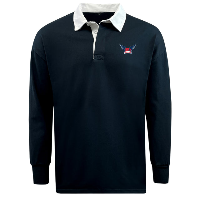 The EMB Mudoo University of Southern Indiana Women Classic Long Sleeve Solid Rugby Jersey features a black design with a white collar and cuffs, plus an embroidered winged logo with a red accent on the left chest.