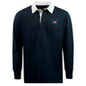 The EMB Mudoo University of Southern Indiana Women Classic Long Sleeve Solid Rugby Jersey features a black design with a white collar and cuffs, plus an embroidered winged logo with a red accent on the left chest.