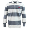 The EMB Mudoo University of Southern Indiana Women Classic Long Sleeve Hooped Rugby Jersey features bold white and gray hoops, a crisp white collar, and a "USA" winged logo on the left chest for a timeless rugby look.