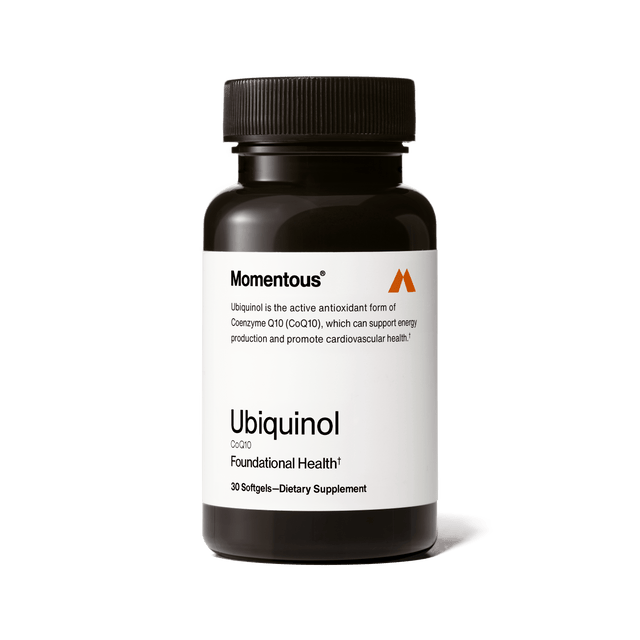 A black bottle of Momentous Ubiquinol by Momentous, containing 30 softgels, features a white label with product details and supports mitochondrial function.