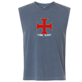 The EMB S&S Activewear SF CDME Rugby Unisex Heavyweight Cotton Garment-Dyed Mid-Length Muscle Tee is a sleeveless gray shirt crafted from heavyweight cotton and garment-dyed for a soft, lived-in feel. It features a bold red cross graphic with "Come Rugby" printed below.