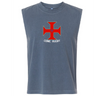 The EMB S&S Activewear SF CDME Rugby Unisex Heavyweight Cotton Garment-Dyed Mid-Length Muscle Tee is a sleeveless gray shirt crafted from heavyweight cotton and garment-dyed for a soft, lived-in feel. It features a bold red cross graphic with "Come Rugby" printed below.