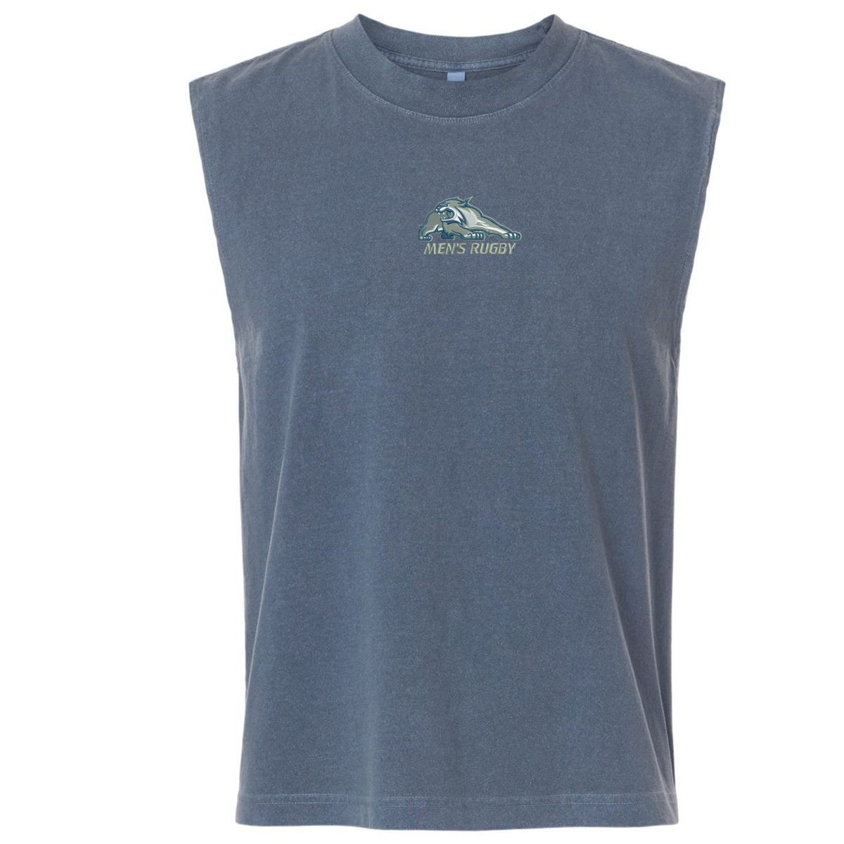 Blue University of New Hampshire Unisex Heavyweight Cotton Garment-Dyed Mid-Length Muscle Tee featuring a wildcat graphic above “MEN’S RUGBY” text centered on the chest.