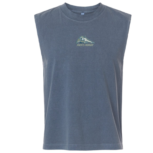 Blue University of New Hampshire Unisex Heavyweight Cotton Garment-Dyed Mid-Length Muscle Tee featuring a wildcat graphic above “MEN’S RUGBY” text centered on the chest.