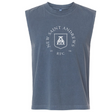 The New Saint Andrews College Unisex Heavyweight Cotton Garment-Dyed Mid-Length Muscle Tee by EMB S&S Activewear is a sleeveless blue top featuring a white emblem with “NEW SAINT ANDREWS RFC 1994” and a shield graphic on the front. This garment-dyed tee offers both comfort and style, making it perfect for everyday wear.