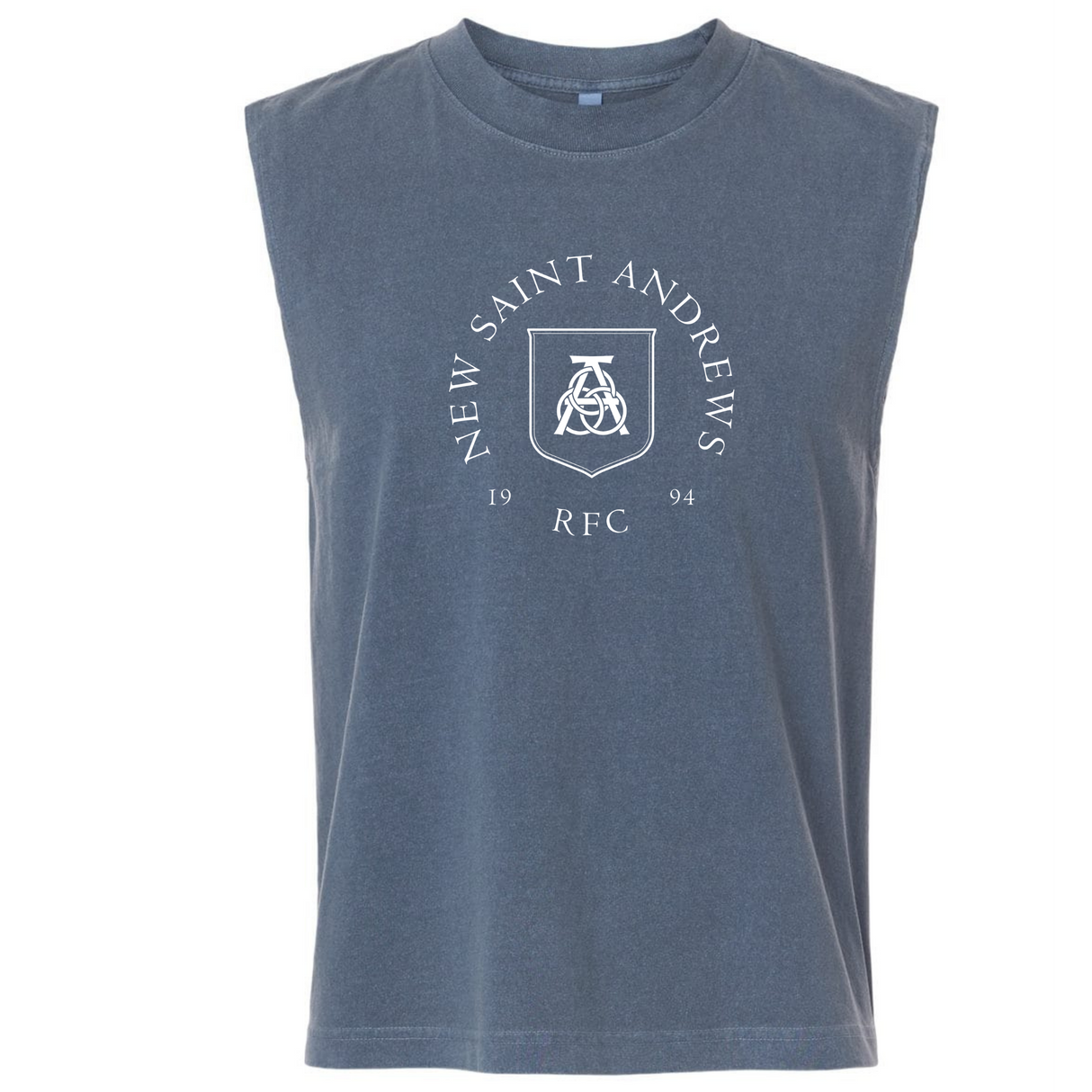 The New Saint Andrews College Unisex Heavyweight Cotton Garment-Dyed Mid-Length Muscle Tee by EMB S&S Activewear is a sleeveless blue top featuring a white emblem with “NEW SAINT ANDREWS RFC 1994” and a shield graphic on the front. This garment-dyed tee offers both comfort and style, making it perfect for everyday wear.