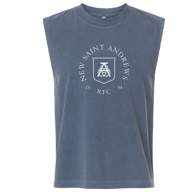 The New Saint Andrews College Unisex Heavyweight Cotton Garment-Dyed Mid-Length Muscle Tee by EMB S&S Activewear is a sleeveless blue top featuring a white emblem with “NEW SAINT ANDREWS RFC 1994” and a shield graphic on the front. This garment-dyed tee offers both comfort and style, making it perfect for everyday wear.