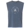 The New Saint Andrews College Unisex Heavyweight Cotton Garment-Dyed Mid-Length Muscle Tee by EMB S&S Activewear is a sleeveless blue top featuring a white emblem with “NEW SAINT ANDREWS RFC 1994” and a shield graphic on the front. This garment-dyed tee offers both comfort and style, making it perfect for everyday wear.