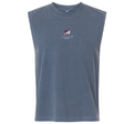 Blue SUNY Maritime Men’s Rugby Unisex Heavyweight Cotton Garment-Dyed Mid-Length Muscle Tee with a boxy fit and a small “Maritime Rugby” logo on the center chest.