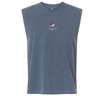 Blue SUNY Maritime Men’s Rugby Unisex Heavyweight Cotton Garment-Dyed Mid-Length Muscle Tee with a boxy fit and a small “Maritime Rugby” logo on the center chest.