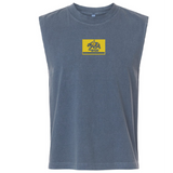 Slate blue Berkeley RFC Unisex Heavyweight Cotton Garment-Dyed Mid-Length Muscle Tee with a yellow rectangular chest patch featuring a bear icon and “BERKELEY RFC est. 2004” text.