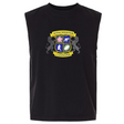 The Winchester Cannons Unisex Heavyweight Cotton Garment-Dyed Mid-Length Muscle Tee by EMB S&S Activewear features a sleeveless black design with a colorful crest logo and graphic symbols on the chest.