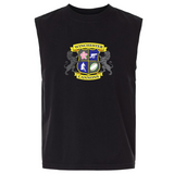 The Winchester Cannons Unisex Heavyweight Cotton Garment-Dyed Mid-Length Muscle Tee by EMB S&S Activewear features a sleeveless black design with a colorful crest logo and graphic symbols on the chest.