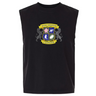 The Winchester Cannons Unisex Heavyweight Cotton Garment-Dyed Mid-Length Muscle Tee by EMB S&S Activewear features a sleeveless black design with a colorful crest logo and graphic symbols on the chest.
