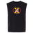 The Potomac Exiles Rugby Club Unisex Heavyweight Cotton Garment-Dyed Mid-Length Muscle Tee by EMB S&S Activewear features a sleeveless black design with a graphic on the chest showcasing state flag patterns, the letter "X," a laurel wreath, and the year "2014." This boxy-fit muscle tee is crafted from garment-dyed cotton for superior comfort and style.