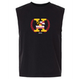 The Potomac Exiles Rugby Club Unisex Heavyweight Cotton Garment-Dyed Mid-Length Muscle Tee by EMB S&S Activewear features a sleeveless black design with a graphic on the chest showcasing state flag patterns, the letter "X," a laurel wreath, and the year "2014." This boxy-fit muscle tee is crafted from garment-dyed cotton for superior comfort and style.
