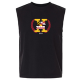 The Potomac Exiles Rugby Club Unisex Heavyweight Cotton Garment-Dyed Mid-Length Muscle Tee by EMB S&S Activewear features a sleeveless black design with a graphic on the chest showcasing state flag patterns, the letter "X," a laurel wreath, and the year "2014." This boxy-fit muscle tee is crafted from garment-dyed cotton for superior comfort and style.