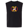 The Potomac Exiles Rugby Club Unisex Heavyweight Cotton Garment-Dyed Mid-Length Muscle Tee by EMB S&S Activewear features a sleeveless black design with a graphic on the chest showcasing state flag patterns, the letter "X," a laurel wreath, and the year "2014." This boxy-fit muscle tee is crafted from garment-dyed cotton for superior comfort and style.