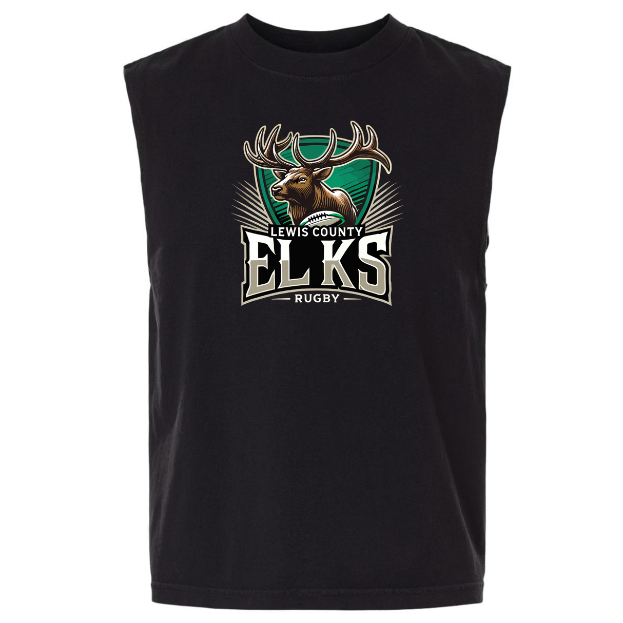 Introducing the Lewis County Elks Unisex Heavyweight Cotton Garment-Dyed Mid-Length Muscle Tee by EMB S&S Activewear. This sleeveless black tee features a bold graphic of an elk head above the words “Lewis County Elks Rugby” in large, striking letters. Crafted from heavyweight cotton with a boxy unisex fit, it offers both comfort and style for everyday wear.