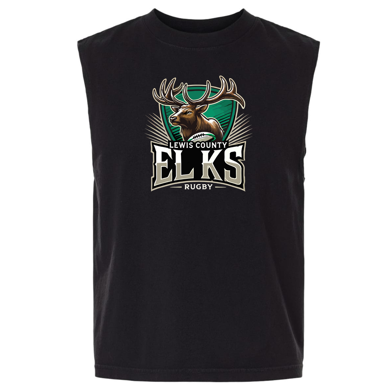 Introducing the Lewis County Elks Unisex Heavyweight Cotton Garment-Dyed Mid-Length Muscle Tee by EMB S&S Activewear. This sleeveless black tee features a bold graphic of an elk head above the words “Lewis County Elks Rugby” in large, striking letters. Crafted from heavyweight cotton with a boxy unisex fit, it offers both comfort and style for everyday wear.