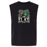 Introducing the Lewis County Elks Unisex Heavyweight Cotton Garment-Dyed Mid-Length Muscle Tee by EMB S&S Activewear. This sleeveless black tee features a bold graphic of an elk head above the words “Lewis County Elks Rugby” in large, striking letters. Crafted from heavyweight cotton with a boxy unisex fit, it offers both comfort and style for everyday wear.