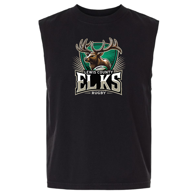 Introducing the Lewis County Elks Unisex Heavyweight Cotton Garment-Dyed Mid-Length Muscle Tee by EMB S&S Activewear. This sleeveless black tee features a bold graphic of an elk head above the words “Lewis County Elks Rugby” in large, striking letters. Crafted from heavyweight cotton with a boxy unisex fit, it offers both comfort and style for everyday wear.