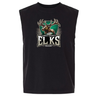 Introducing the Lewis County Elks Unisex Heavyweight Cotton Garment-Dyed Mid-Length Muscle Tee by EMB S&S Activewear. This sleeveless black tee features a bold graphic of an elk head above the words “Lewis County Elks Rugby” in large, striking letters. Crafted from heavyweight cotton with a boxy unisex fit, it offers both comfort and style for everyday wear.
