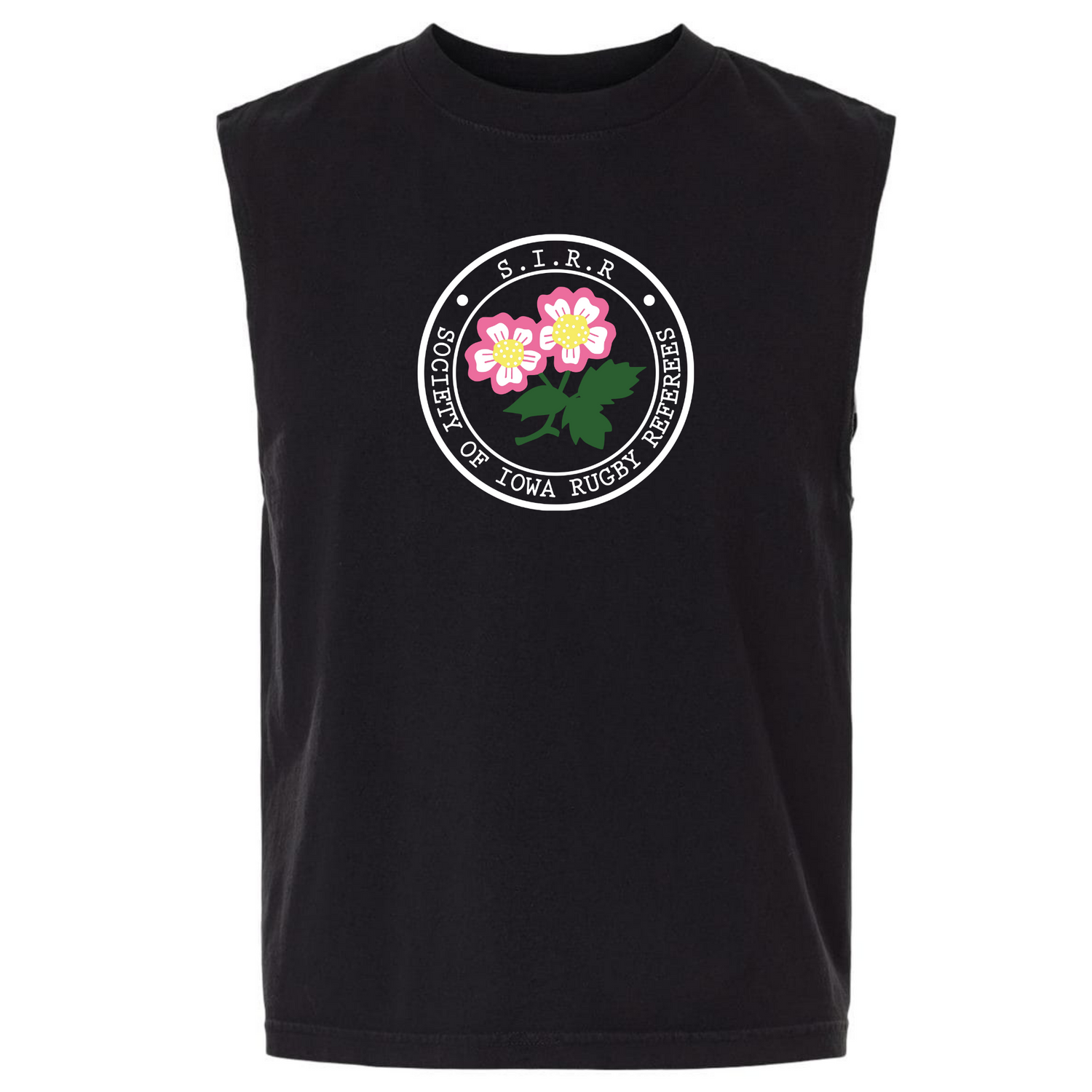 The Society of Iowa Rugby Referees Unisex Heavyweight Cotton Garment-Dyed Mid-Length Muscle Tee by EMB S&S Activewear comes in black and features a circular logo with two pink flowers and green leaves, bordered by the text “Society of Iowa Rugby Referees S.I.R.R.”.