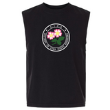 The Society of Iowa Rugby Referees Unisex Heavyweight Cotton Garment-Dyed Mid-Length Muscle Tee by EMB S&S Activewear comes in black and features a circular logo with two pink flowers and green leaves, bordered by the text “Society of Iowa Rugby Referees S.I.R.R.”.