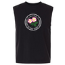 The Society of Iowa Rugby Referees Unisex Heavyweight Cotton Garment-Dyed Mid-Length Muscle Tee by EMB S&S Activewear comes in black and features a circular logo with two pink flowers and green leaves, bordered by the text “Society of Iowa Rugby Referees S.I.R.R.”.