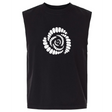Introducing the Missoula All-Maggots Unisex Heavyweight Cotton Garment-Dyed Mid-Length Muscle Tee from EMB S&S Activewear. This sleeveless black muscle tee showcases a bold white spiral pattern of oval shapes centered on the chest. Crafted from heavyweight cotton, it is garment-dyed for exceptional softness and long-lasting comfort.