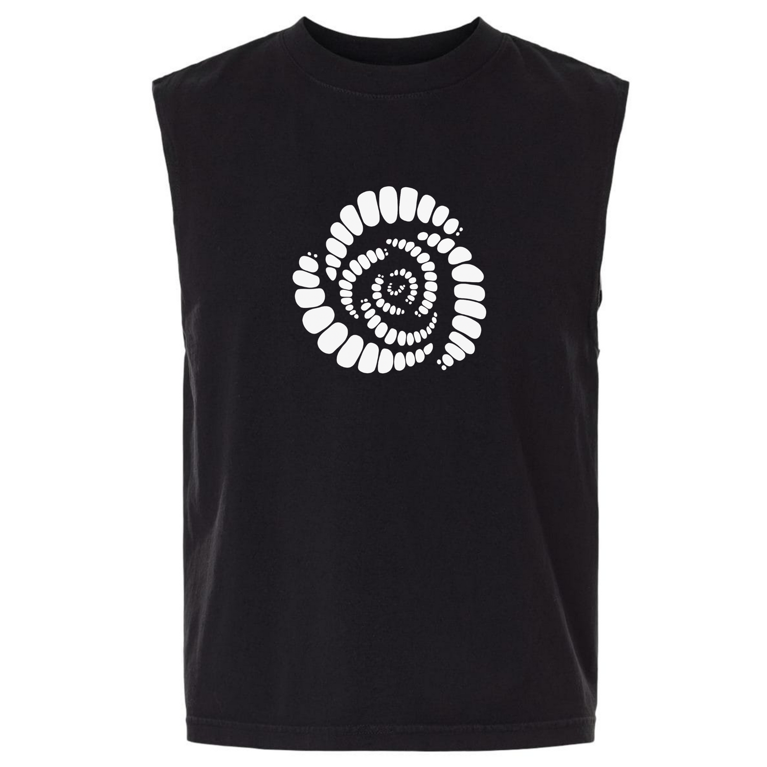 Introducing the Missoula All-Maggots Unisex Heavyweight Cotton Garment-Dyed Mid-Length Muscle Tee from EMB S&S Activewear. This sleeveless black muscle tee showcases a bold white spiral pattern of oval shapes centered on the chest. Crafted from heavyweight cotton, it is garment-dyed for exceptional softness and long-lasting comfort.