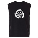 Introducing the Missoula All-Maggots Unisex Heavyweight Cotton Garment-Dyed Mid-Length Muscle Tee from EMB S&S Activewear. This sleeveless black muscle tee showcases a bold white spiral pattern of oval shapes centered on the chest. Crafted from heavyweight cotton, it is garment-dyed for exceptional softness and long-lasting comfort.