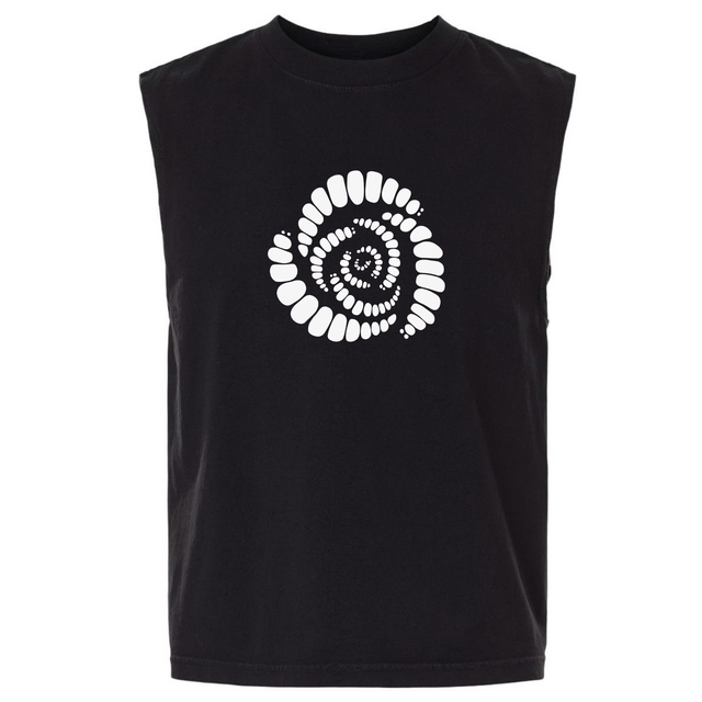 Introducing the Missoula All-Maggots Unisex Heavyweight Cotton Garment-Dyed Mid-Length Muscle Tee from EMB S&S Activewear. This sleeveless black muscle tee showcases a bold white spiral pattern of oval shapes centered on the chest. Crafted from heavyweight cotton, it is garment-dyed for exceptional softness and long-lasting comfort.