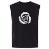 Introducing the Missoula All-Maggots Unisex Heavyweight Cotton Garment-Dyed Mid-Length Muscle Tee from EMB S&S Activewear. This sleeveless black muscle tee showcases a bold white spiral pattern of oval shapes centered on the chest. Crafted from heavyweight cotton, it is garment-dyed for exceptional softness and long-lasting comfort.