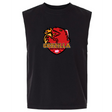 The EMB S&S Activewear Godzilla Rugby Football Club Unisex Heavyweight Cotton Garment-Dyed Mid-Length Muscle Tee is a sleeveless black top featuring a red Godzilla logo with the text “Godzilla Rugby Football Club” and two small rugby balls at the bottom of the emblem.