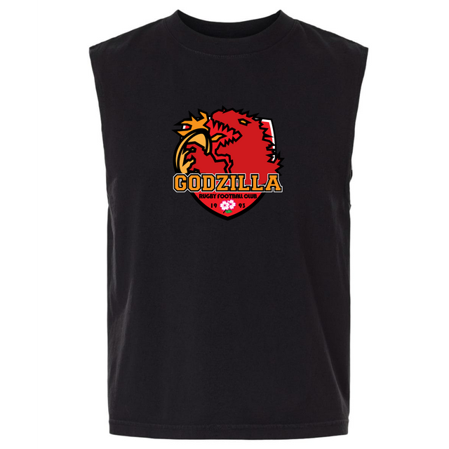 The EMB S&S Activewear Godzilla Rugby Football Club Unisex Heavyweight Cotton Garment-Dyed Mid-Length Muscle Tee is a sleeveless black top featuring a red Godzilla logo with the text “Godzilla Rugby Football Club” and two small rugby balls at the bottom of the emblem.