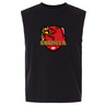 The EMB S&S Activewear Godzilla Rugby Football Club Unisex Heavyweight Cotton Garment-Dyed Mid-Length Muscle Tee is a sleeveless black top featuring a red Godzilla logo with the text “Godzilla Rugby Football Club” and two small rugby balls at the bottom of the emblem.
