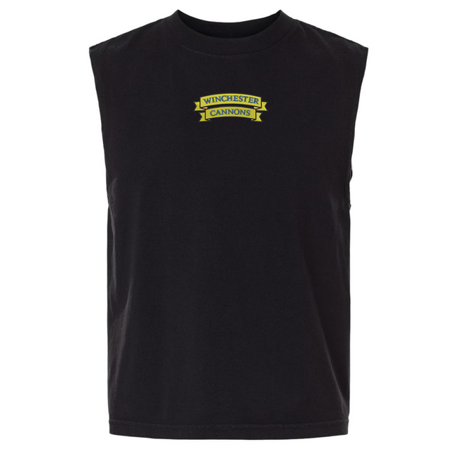 Introducing the Winchester Cannons Unisex Heavyweight Cotton Garment-Dyed Mid-Length Muscle Tee from EMB S&S Activewear. This sleeveless black shirt features a small yellow “Winchester Cannons” banner logo on the upper chest and is crafted from garment-dyed heavyweight cotton for a soft, lived-in feel. Designed with a unisex boxy fit, this muscle tee offers modern comfort and effortless style.
