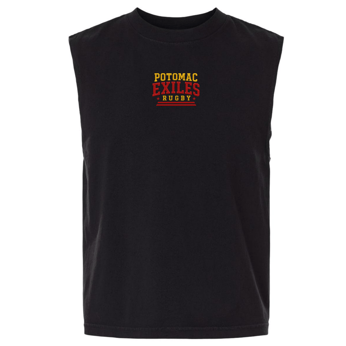 Introducing the EMB S&S Activewear Potomac Exiles Rugby Club Unisex Heavyweight Cotton Garment-Dyed Mid-Length Muscle Tee—a sleeveless black shirt featuring “Potomac Exiles Rugby” printed in bold red and yellow text across the chest. With its boxy fit and premium heavyweight cotton construction, this muscle tee delivers exceptional comfort and durability for both workouts and casual wear.