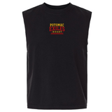 Introducing the EMB S&S Activewear Potomac Exiles Rugby Club Unisex Heavyweight Cotton Garment-Dyed Mid-Length Muscle Tee—a sleeveless black shirt featuring “Potomac Exiles Rugby” printed in bold red and yellow text across the chest. With its boxy fit and premium heavyweight cotton construction, this muscle tee delivers exceptional comfort and durability for both workouts and casual wear.