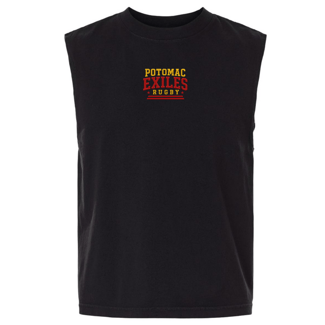 Introducing the EMB S&S Activewear Potomac Exiles Rugby Club Unisex Heavyweight Cotton Garment-Dyed Mid-Length Muscle Tee—a sleeveless black shirt featuring “Potomac Exiles Rugby” printed in bold red and yellow text across the chest. With its boxy fit and premium heavyweight cotton construction, this muscle tee delivers exceptional comfort and durability for both workouts and casual wear.