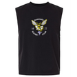 The EMB S&S Activewear Hornets Rugby Club 1977 Unisex Heavyweight Cotton Garment-Dyed Mid-Length Muscle Tee is a sleeveless black top featuring a hornet logo and "hornets RUGBY CLUB 1977" on the chest.