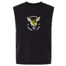 The EMB S&S Activewear Hornets Rugby Club 1977 Unisex Heavyweight Cotton Garment-Dyed Mid-Length Muscle Tee is a sleeveless black top featuring a hornet logo and "hornets RUGBY CLUB 1977" on the chest.