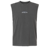 The South Orange County Raptors Unisex Heavyweight Cotton Garment-Dyed Mid-Length Muscle Tee by EMB S&S Activewear is a sleeveless, dark gray crew-neck top featuring “RAPTORS RUGBY” in small white text and additional smaller text on the chest.