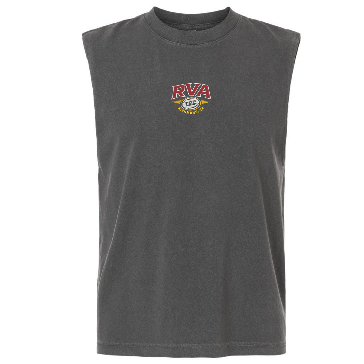 The RVA T.R.C. Unisex Heavyweight Cotton Garment-Dyed Mid-Length Muscle Tee by EMB S&S Activewear is a sleeveless dark gray top featuring “RVA” in bold red and yellow lettering above a small circular chest logo that reads “RRC” and “RICHMOND.”.