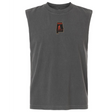 An Aging Alabama Rugby Players Unisex Heavyweight Cotton Garment-Dyed Mid-Length Muscle Tee in grey featuring a small graphic of the state of Alabama with a figure holding a scythe and the text “HARD”.