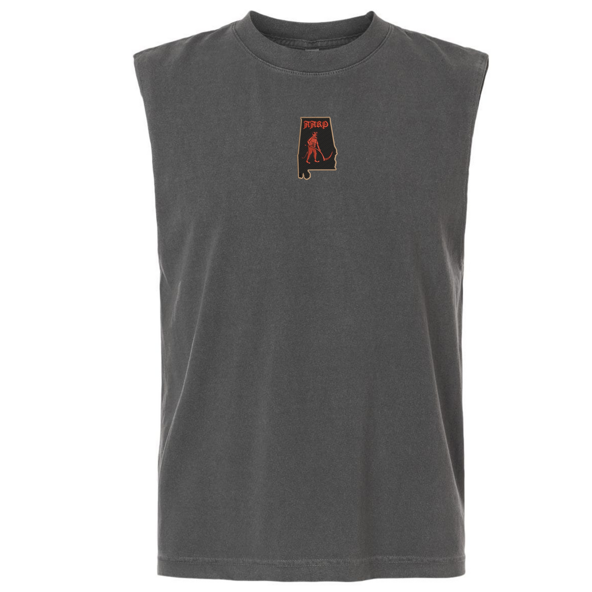 An Aging Alabama Rugby Players Unisex Heavyweight Cotton Garment-Dyed Mid-Length Muscle Tee in grey featuring a small graphic of the state of Alabama with a figure holding a scythe and the text “HARD”.