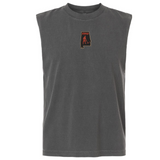 An Aging Alabama Rugby Players Unisex Heavyweight Cotton Garment-Dyed Mid-Length Muscle Tee in grey featuring a small graphic of the state of Alabama with a figure holding a scythe and the text “HARD”.