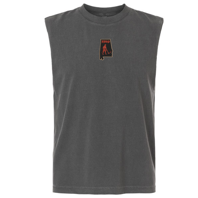 An Aging Alabama Rugby Players Unisex Heavyweight Cotton Garment-Dyed Mid-Length Muscle Tee in grey featuring a small graphic of the state of Alabama with a figure holding a scythe and the text “HARD”.